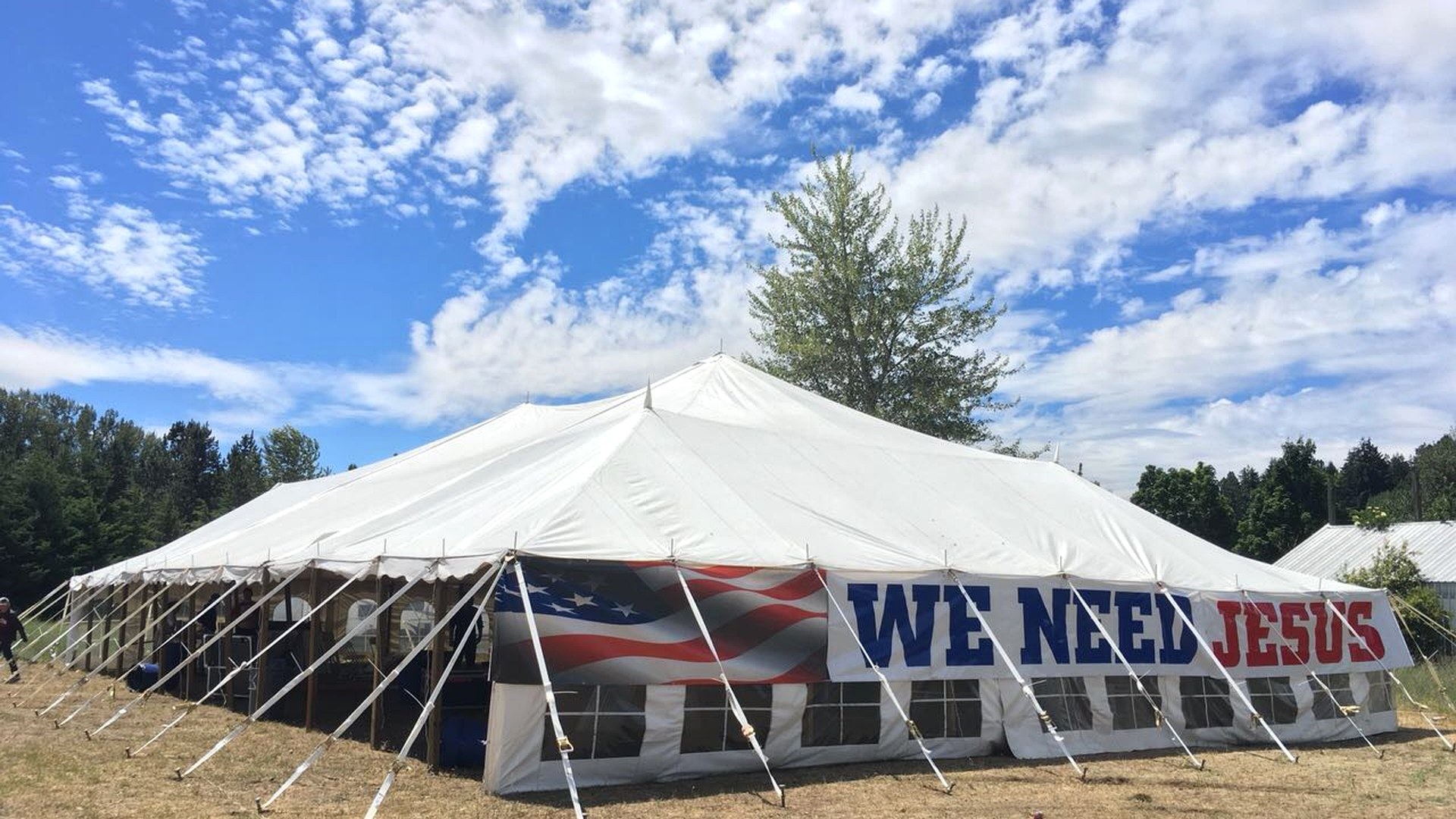 Daytime view of the big revival tent setup